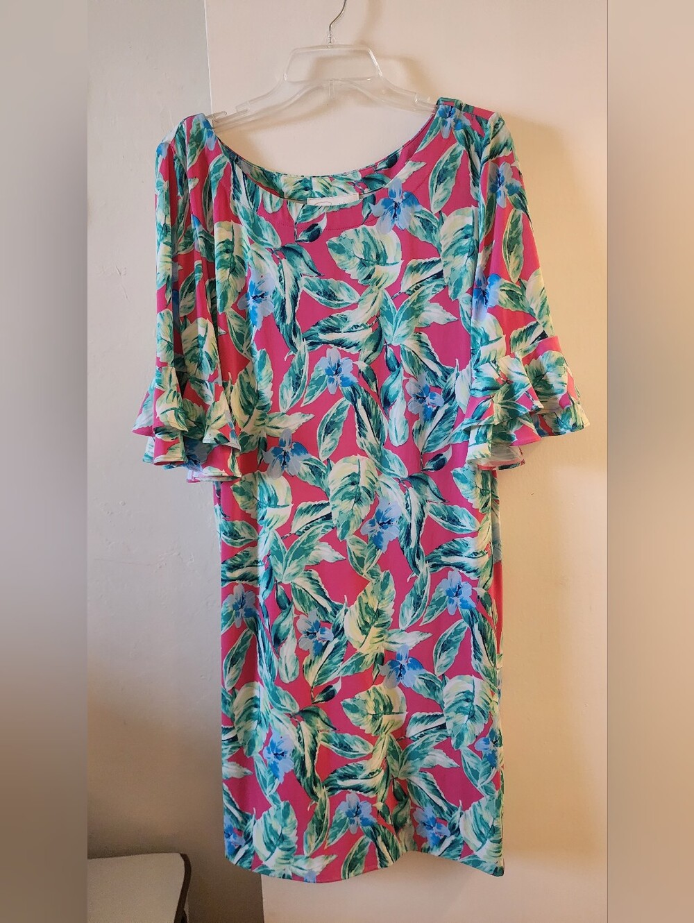 Pappagallo Hot Pink Midi Dress with Teal Leaves & Sky Blue Flowers